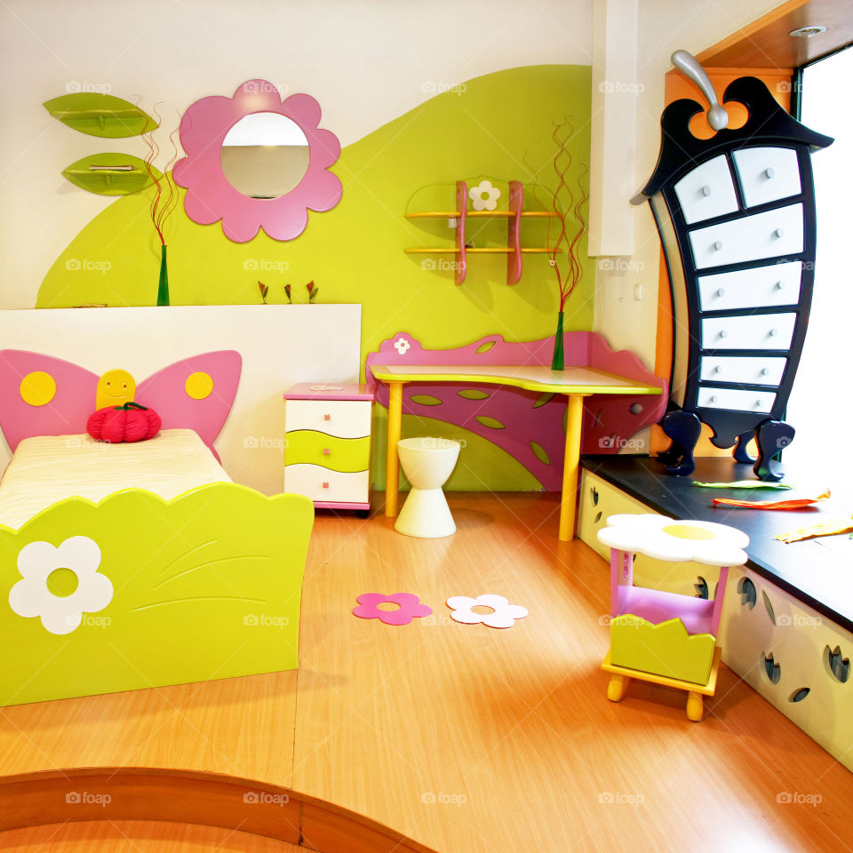 Brightly decorated modern interior design for kids room, butterfly theme