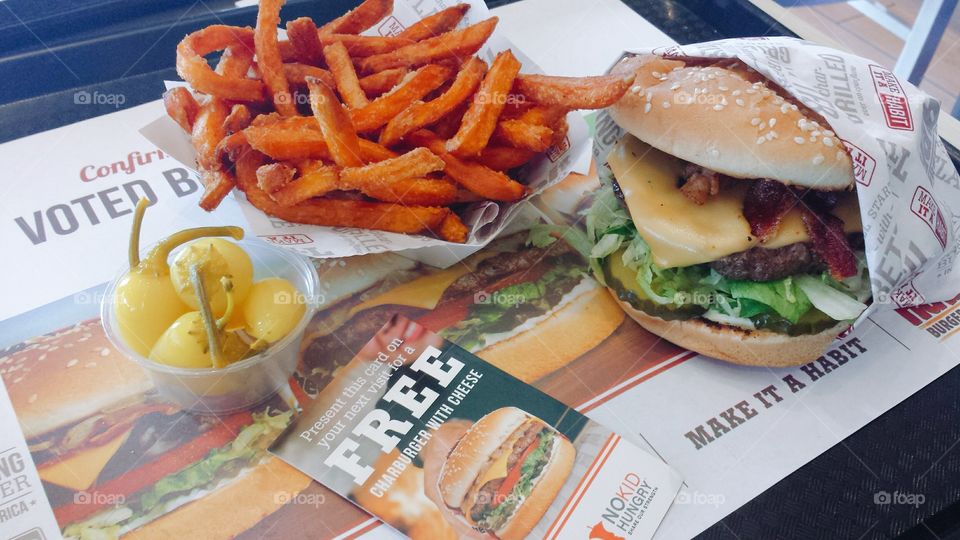 habit burger for lunch. sweet potato fries and peppers