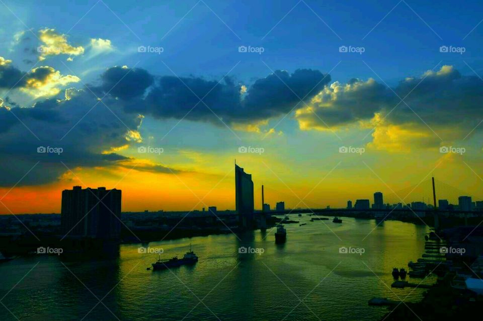 Twilight at the Chao Phraya River. Bangkok. Thailand.