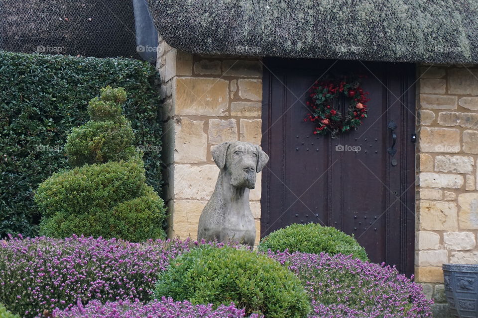 Cotswold Cottage with Stone statue Guard Dogs