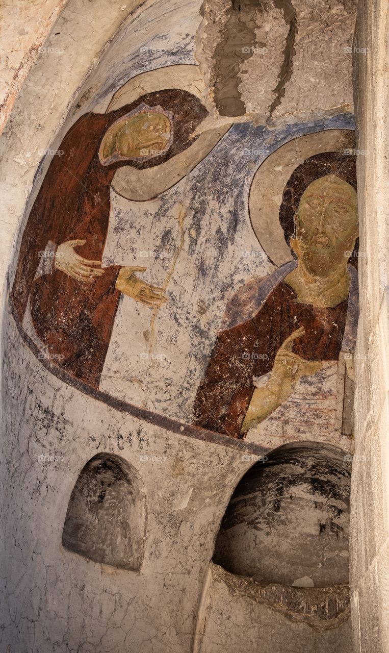 Beauty colorful wall art at The famous cave town of Georgia, Vardzia cave monastery 