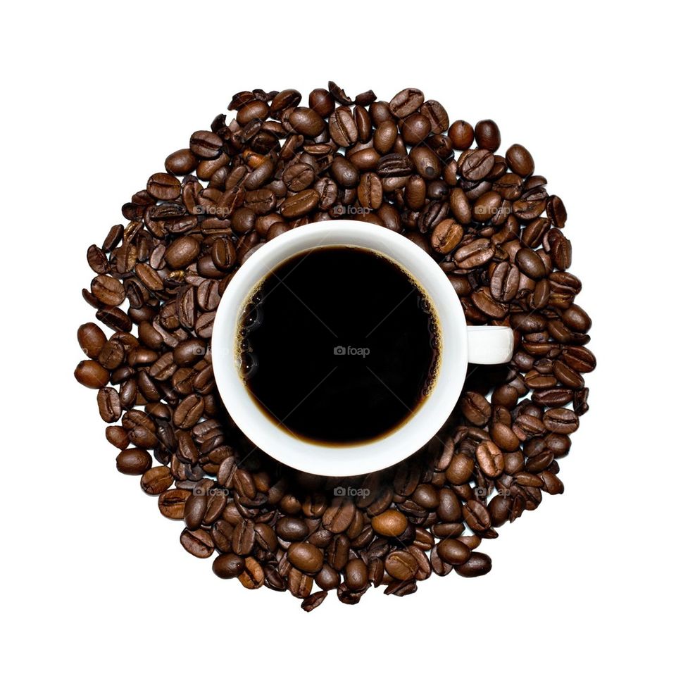 High angle view of coffee with roasted coffee beans