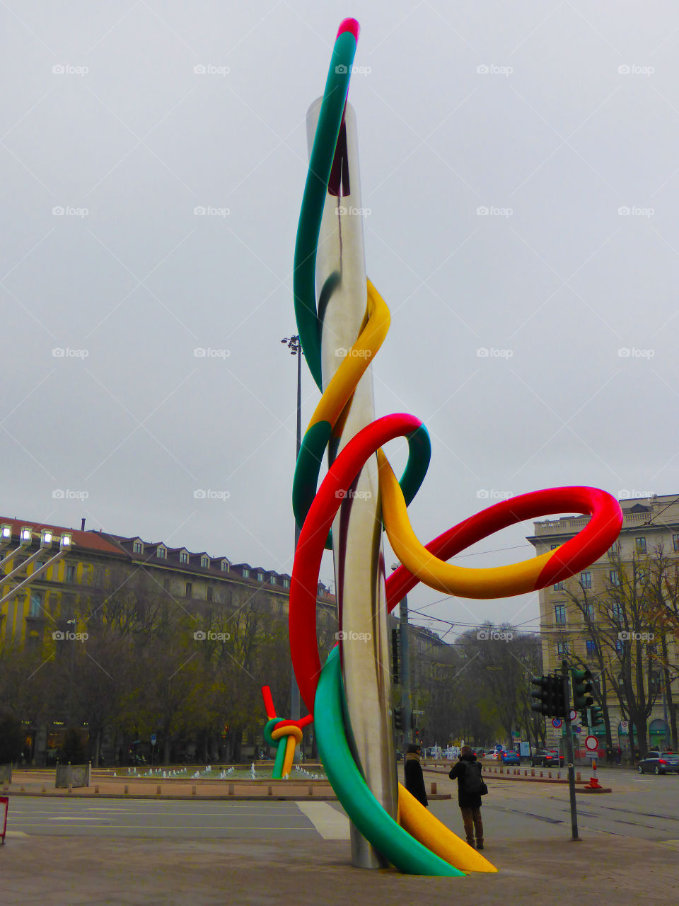 Sculpture strange,colorful and impressive called needle and thread in a square of Milan,Italy