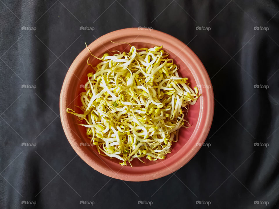 a bowl of fresh sprouts on a black background