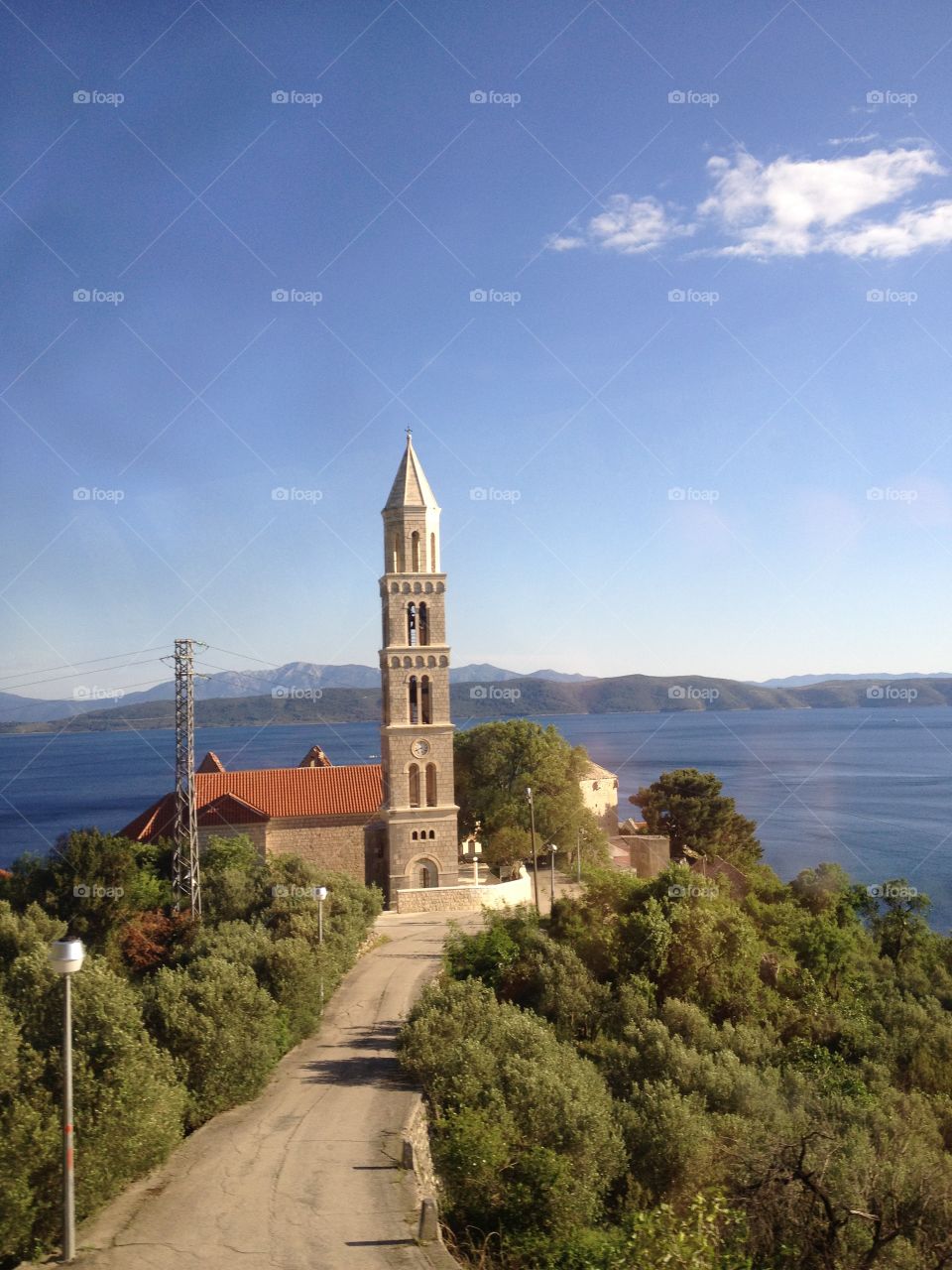 View on church and islands. View on church, sea and islands
