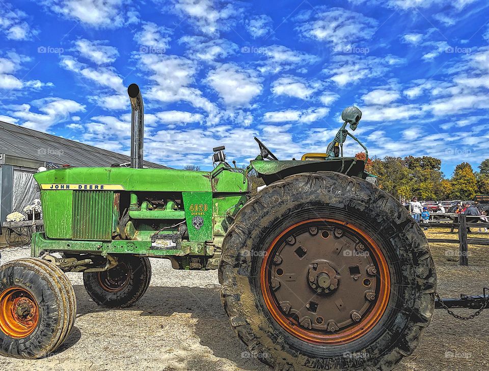 Clouds in the sky, tractor on the farm, John Deere tractor, paintings in the sky, clouds in the sky on a farm, green tractor, beautiful clouds in the sky