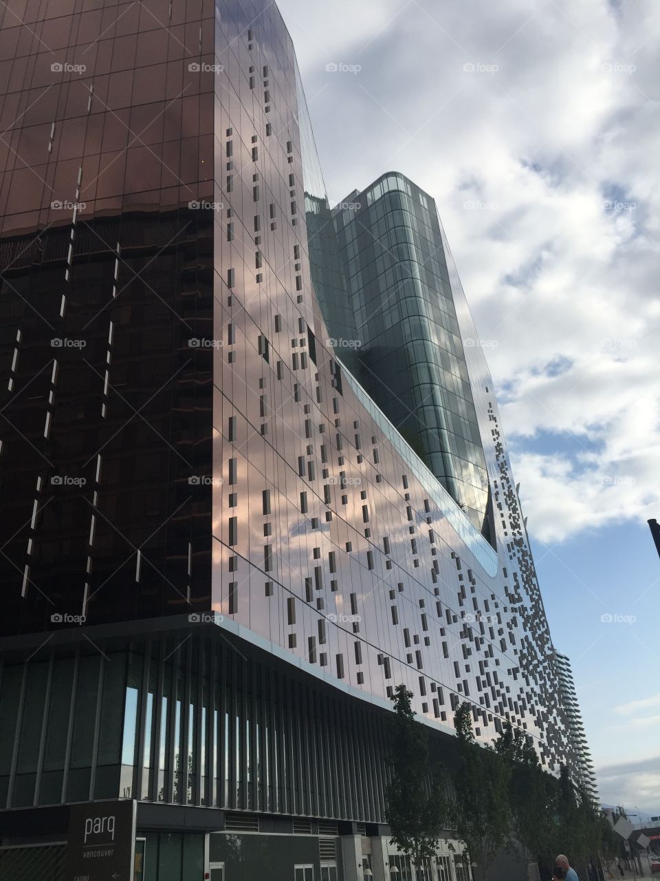 Towering copper skyline of the Marriott hotel in downtown Vancouver, British Columbia 