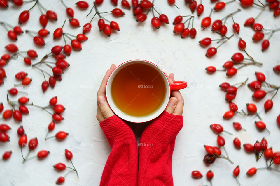 hand holding cup of rose hips tea