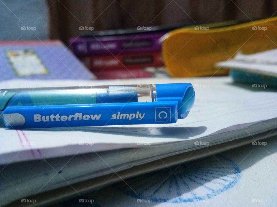 Stationaries with pen in focus