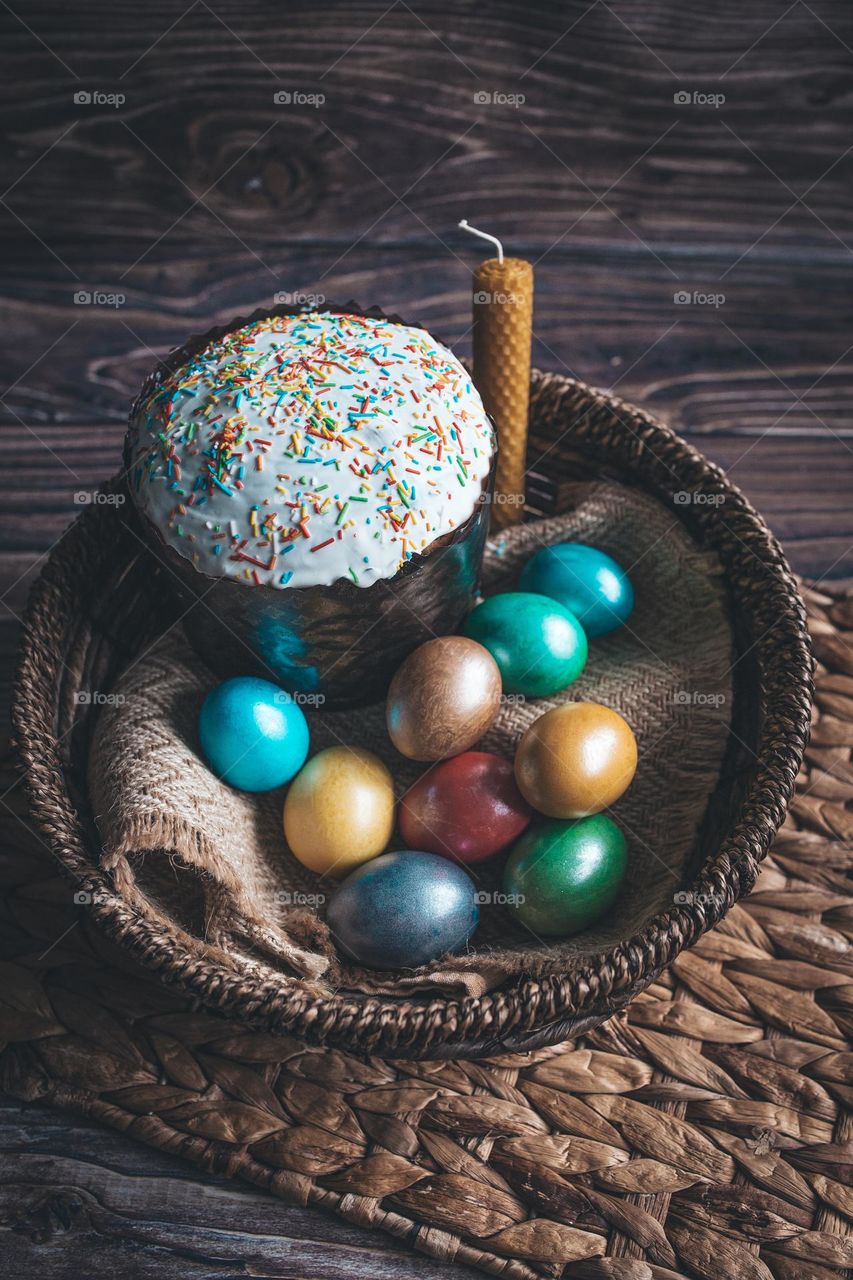 Easter still life Easter colorful eggs, Easter cake on the table