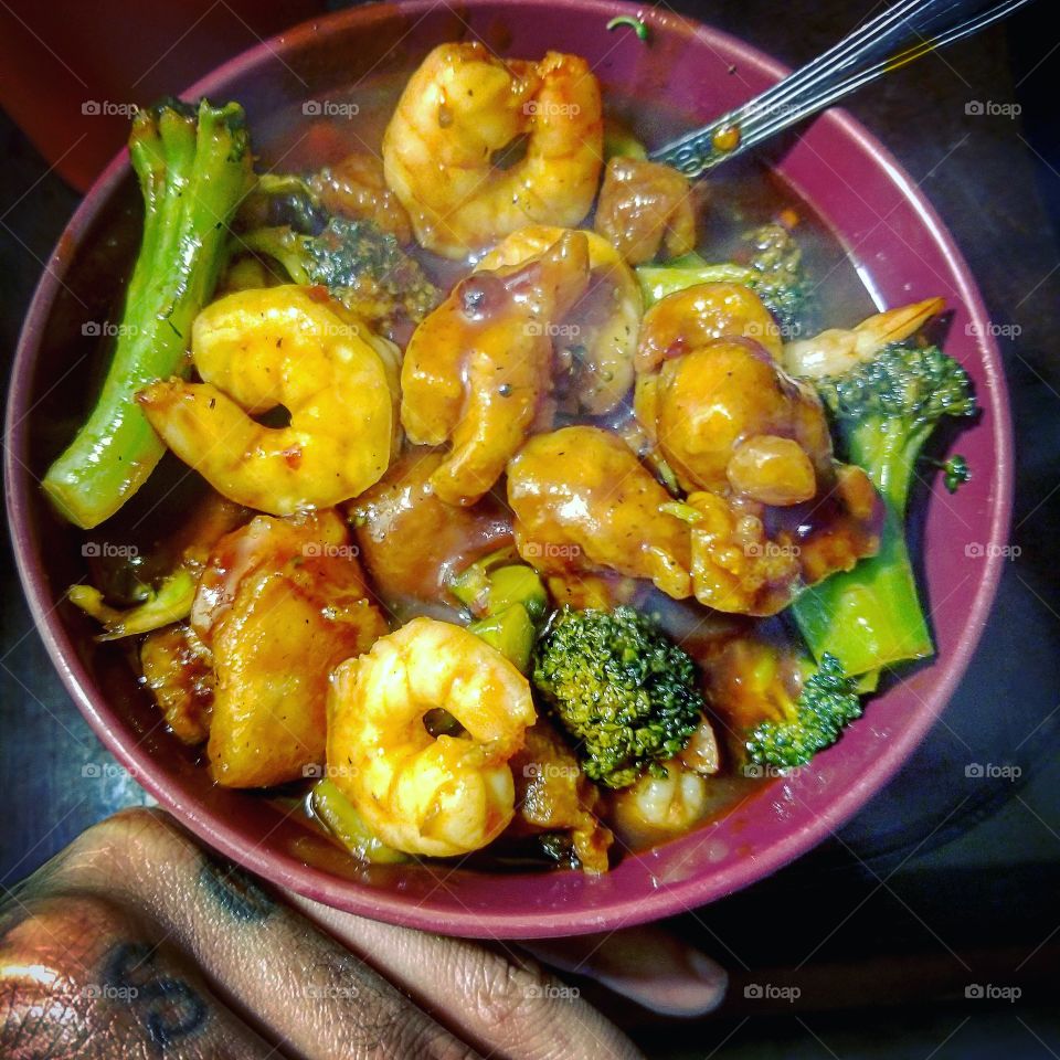 general taos chicken, shrimp, broccoli, food, good, delicious