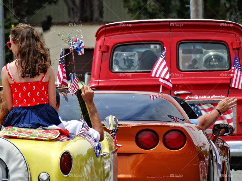 American Pride. Vintage American Automobiles In Fourth Of July Parade
