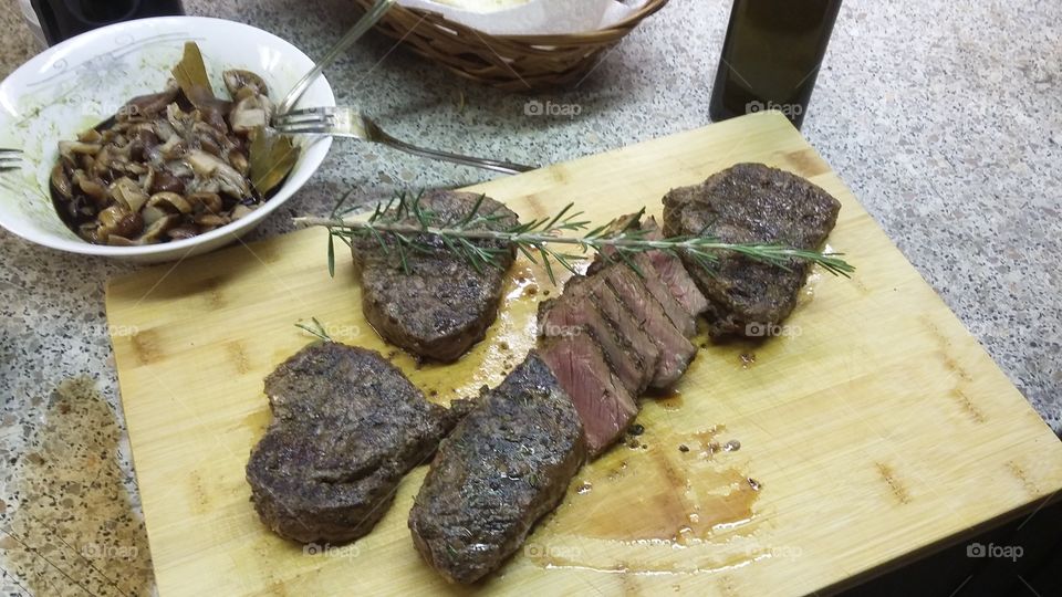 bbq grill steak beff  souse vide rosmarine mushroms