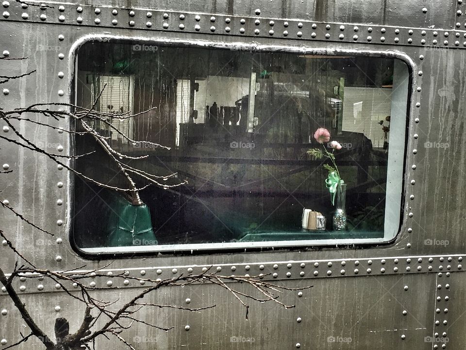 Window in a train diner car