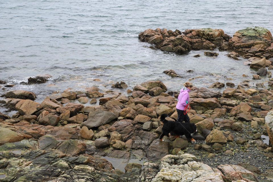 Woman walking with a fog on rocky beach