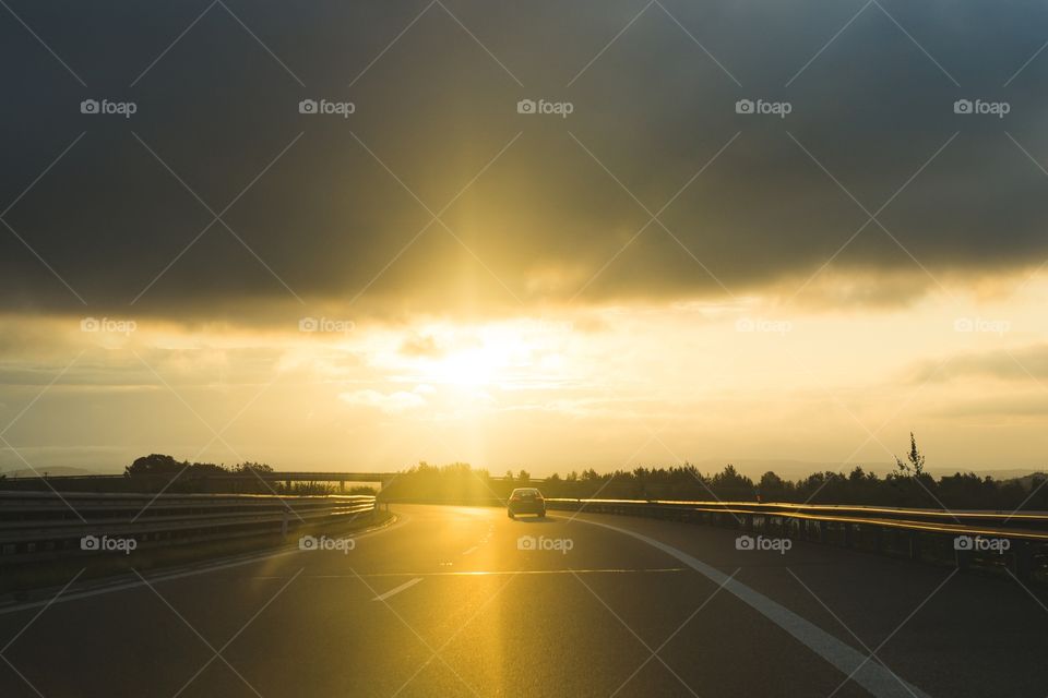 Misty morning sunrise on the road. Slovakia
