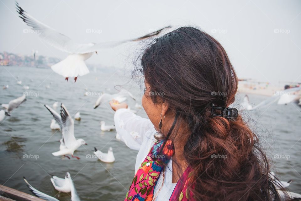 A person holds out a hand to feed white birds