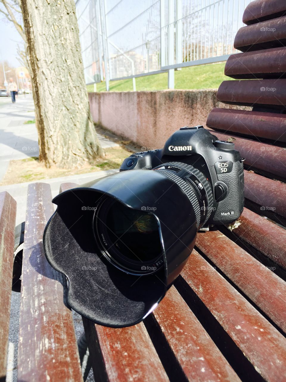 Professional photo camera on a wood seat