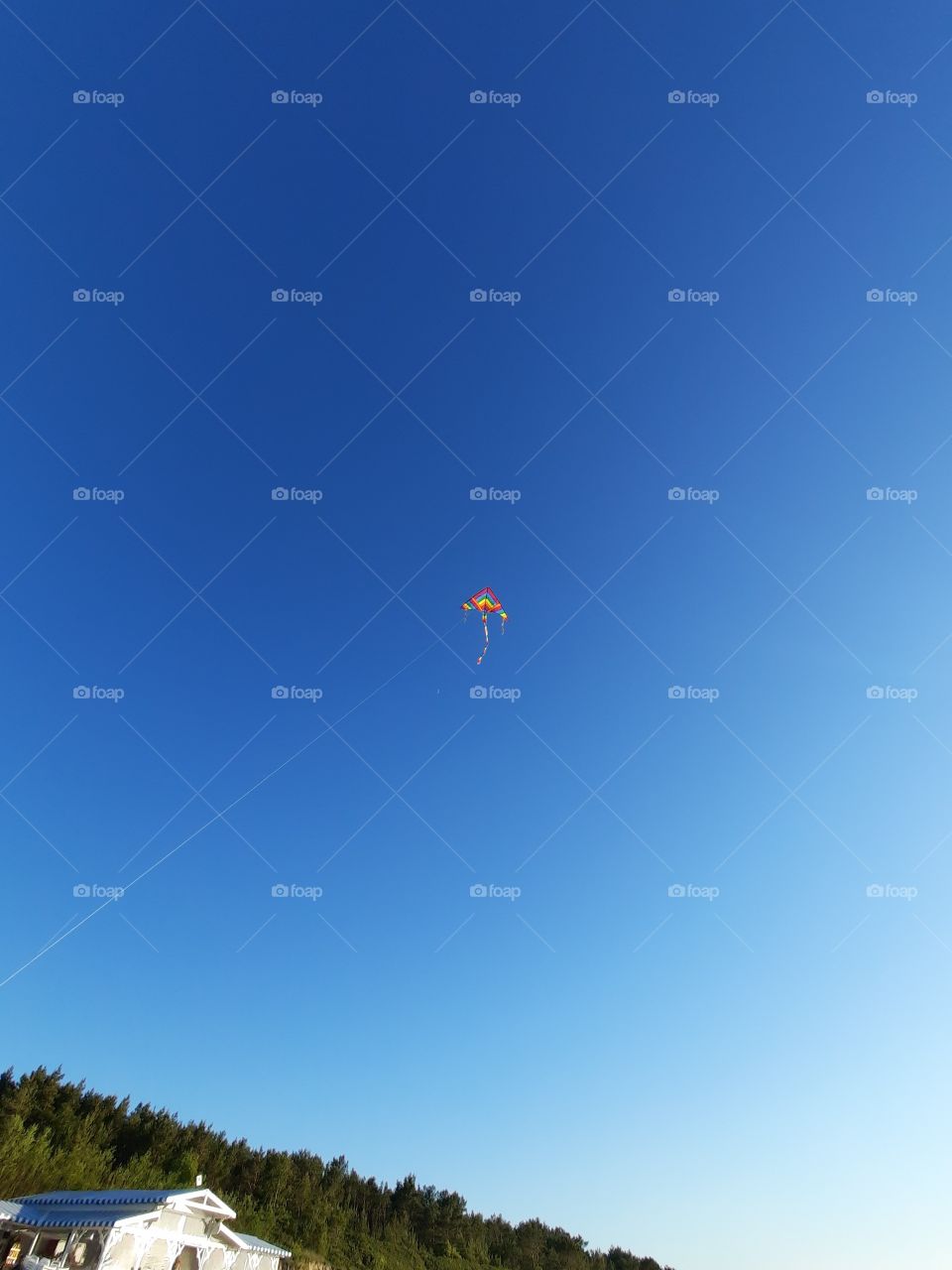 rainbow kite high abowe beach in blue sky