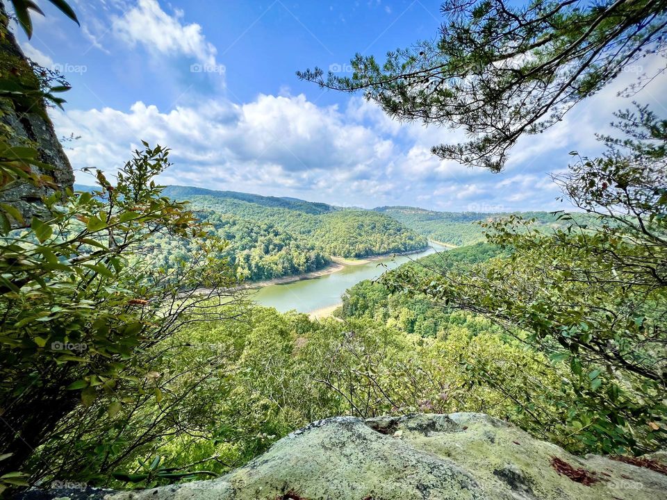 Views from Buzzard Rock overlooking the river and surrounding mountains 