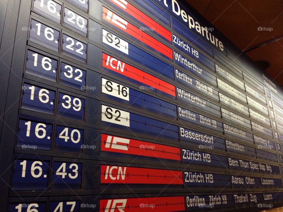 Train departures board at Zurich airport