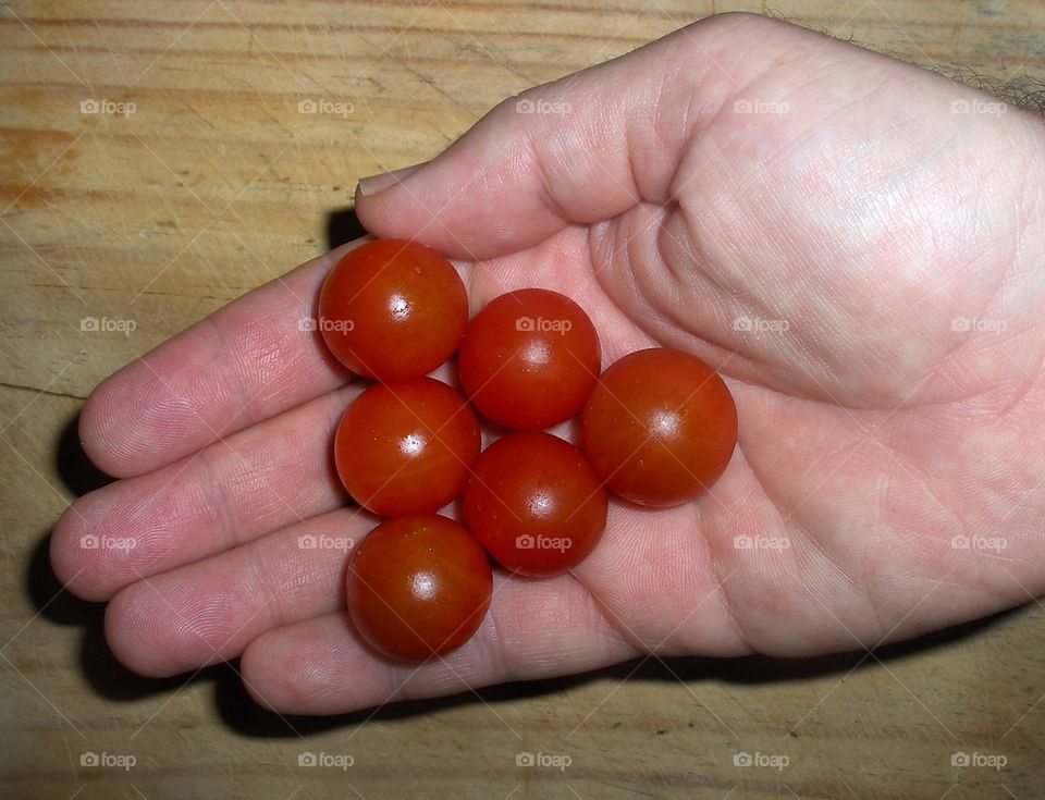 Hand holding 6 cherry tomatoes over cutting board.