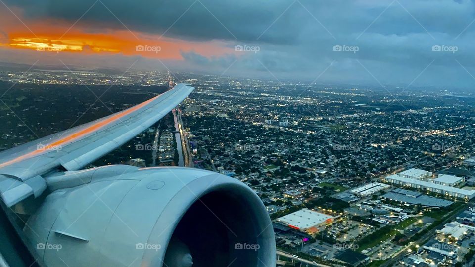 Sunset over Miami Florida after taking off from Miami International Airport (MIA) on a American Airlines Boeing 777