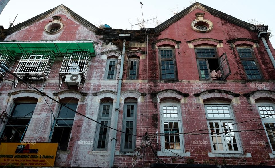 Old red buildings in Yangon, Myanmar