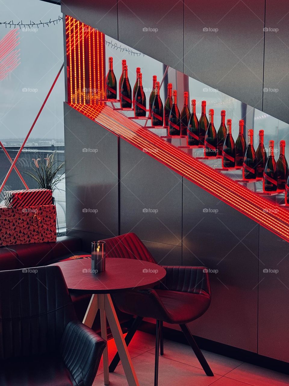 Red colour in interior, cafe lightning 