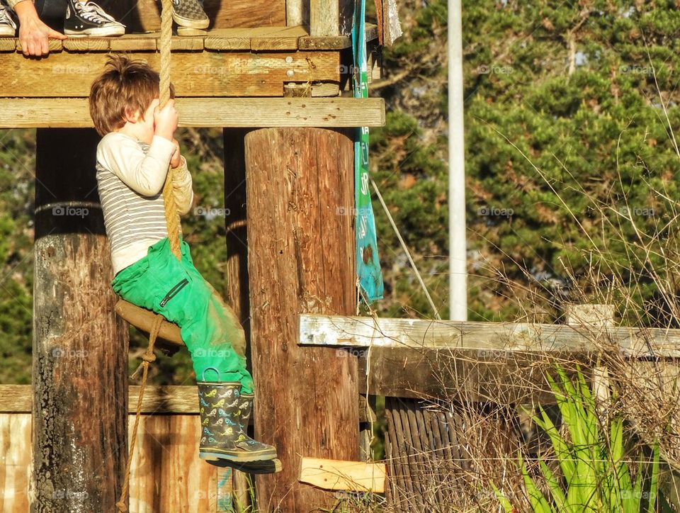 Joyful Little Boy Swinging On A Zipline. Swinging On A Zipline From A Treehouse
