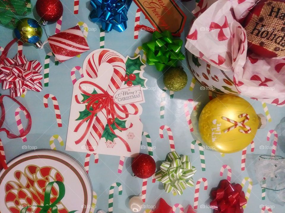 Christmas candy canes, ornaments and bows