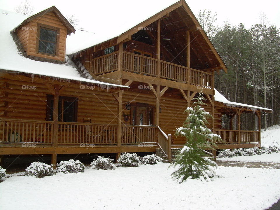 Log home in the snow