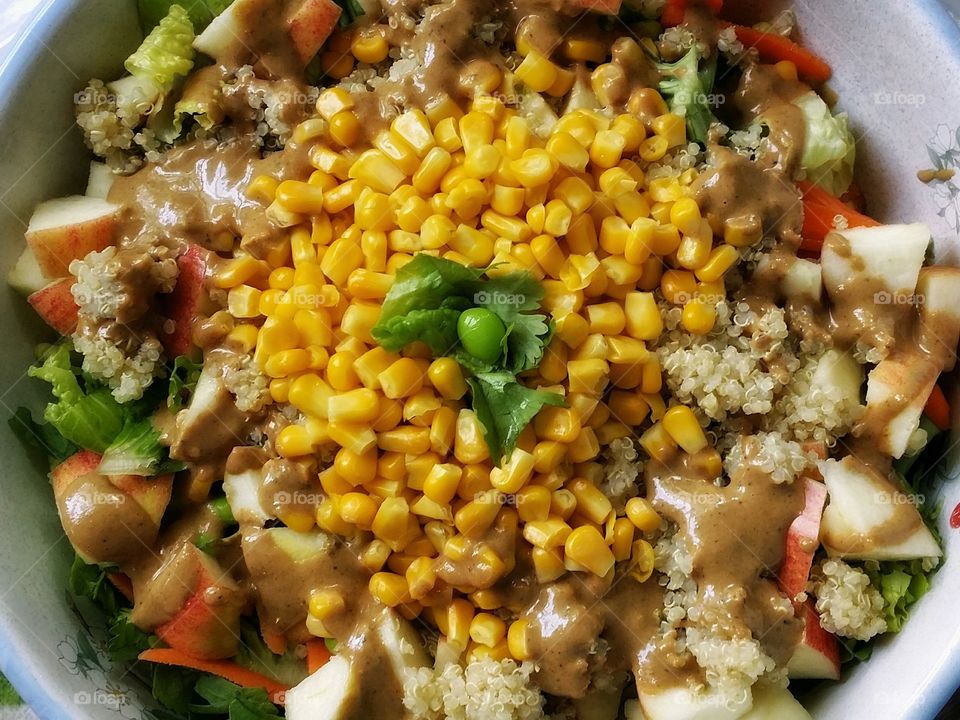 Butter &  Romaine Lettuce with Corn,  Quinoa, Edamame, Apple, Pumpkin Seeds, Cilantro, Carrot and Macadamia Dressing