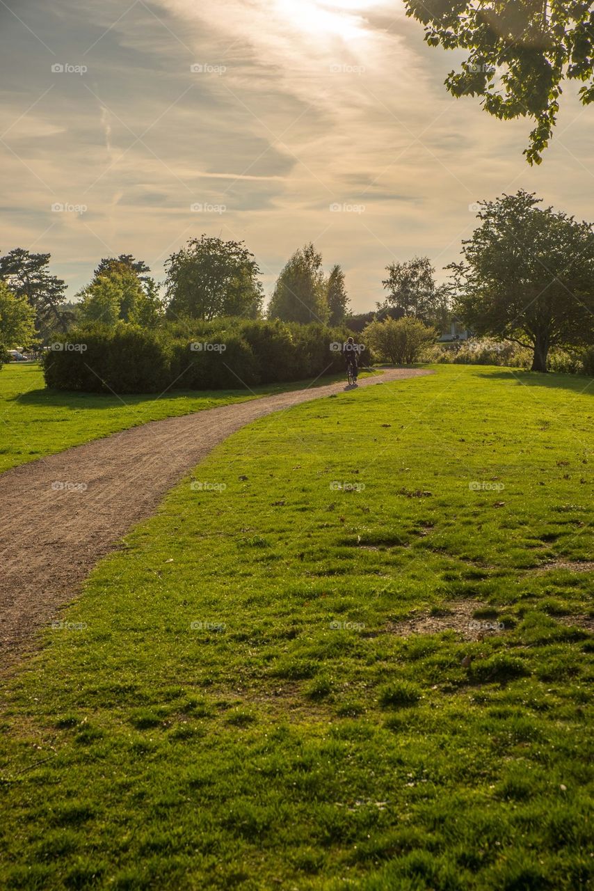 A cyclist riding in a park in malmo sweden
