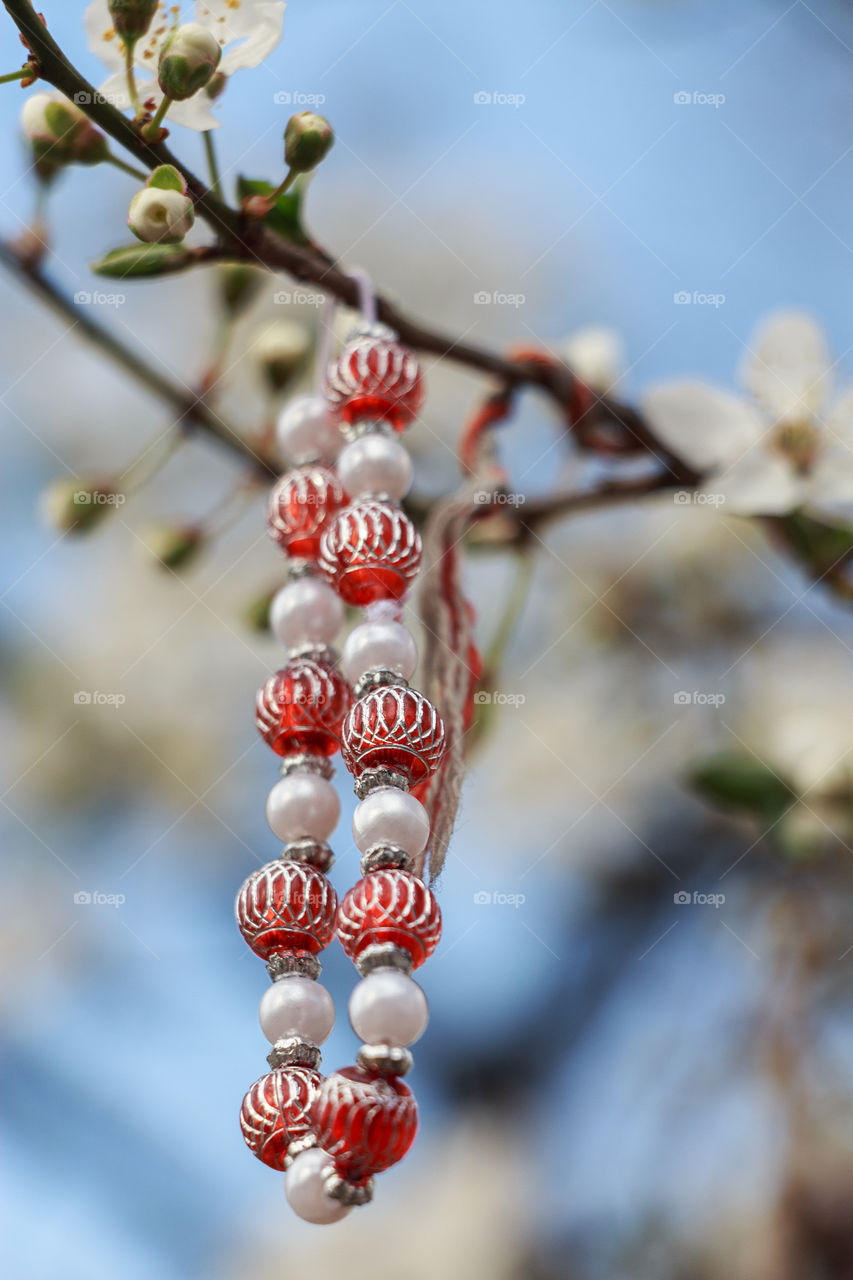 A symbol of approaching spring. Martenitsa tied to a blossoming tree.  Bulgarian tradition - wearing martenitsa (red and white) from March 1 until the wearer first sees a swallow, stork or blooming tree.