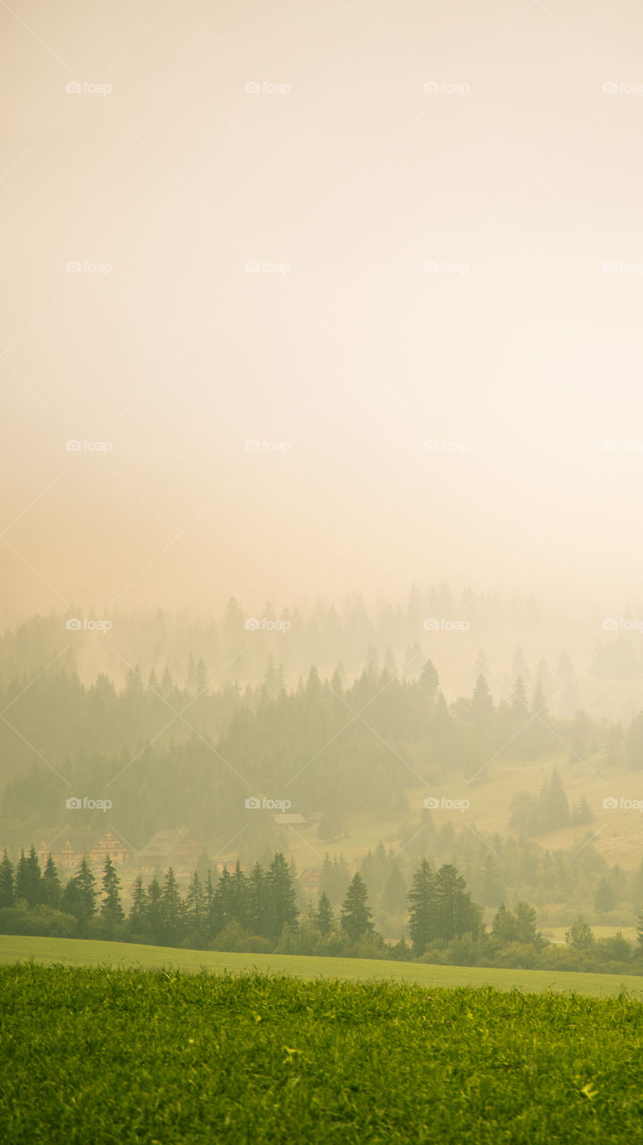 An inspiring mountain landscape. Tatry mountains in Slovakia. A beautiful wallpaper for smartphone screen. Warm summer haze, abstract gradient with perspective.