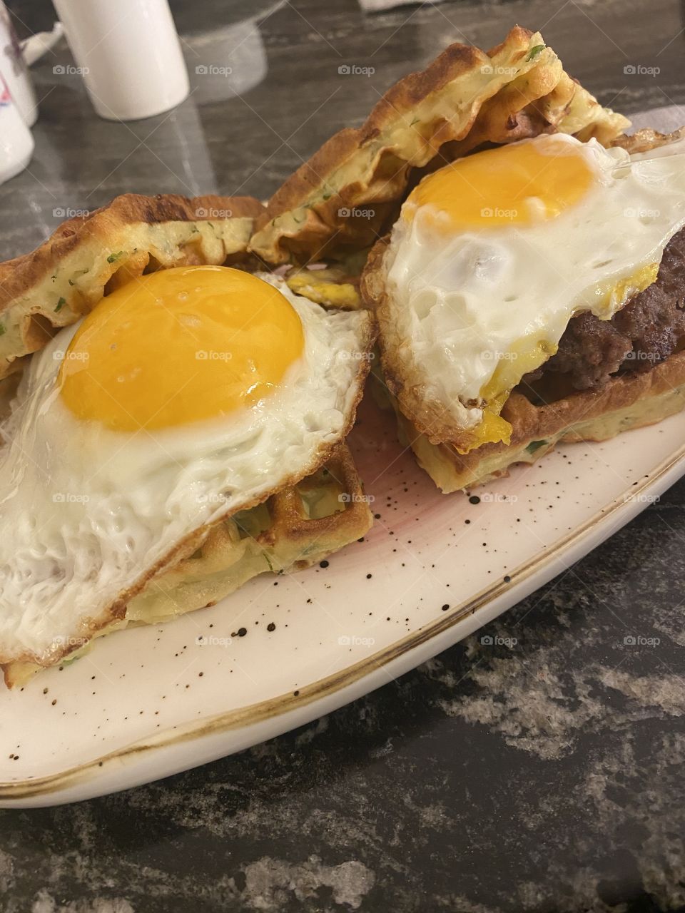 Waffle burgers with eggs