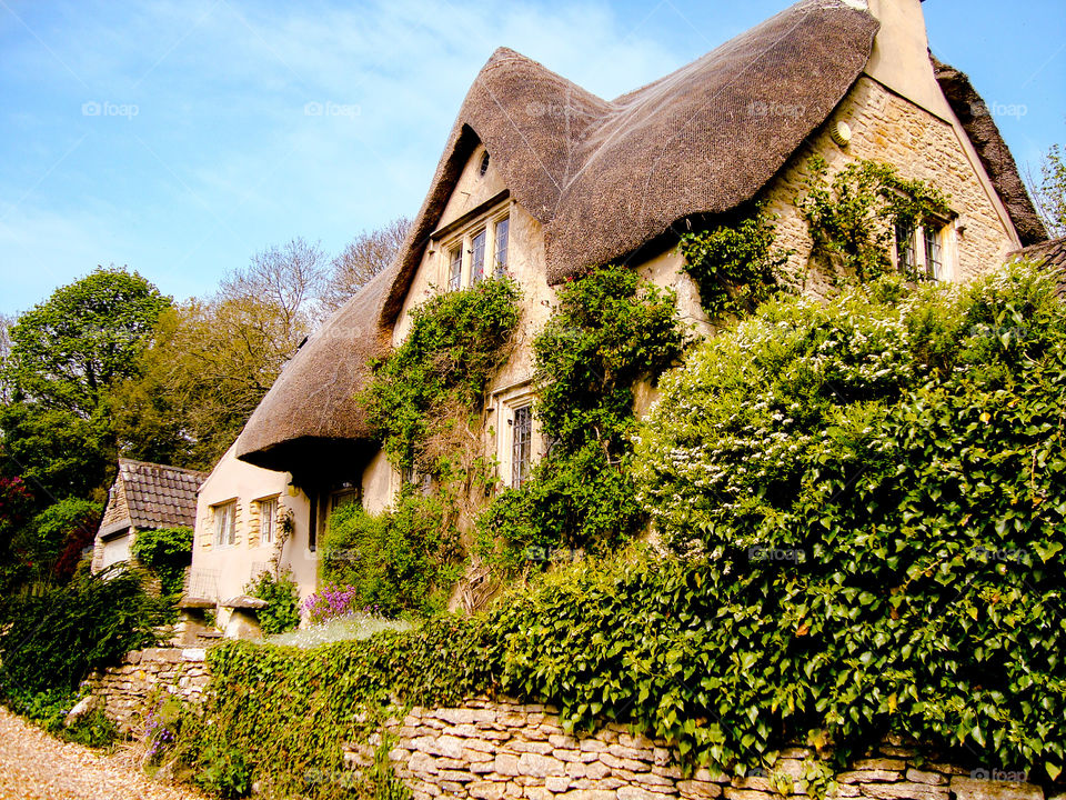 Thatched roof quaint cottage in England with beautiful gardens