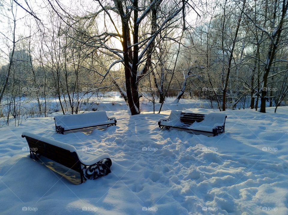 Three benches in a snow-covered park