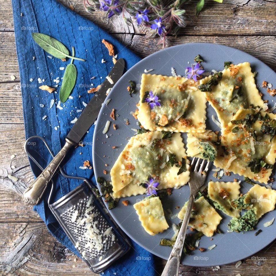 Homemade borage ravioli