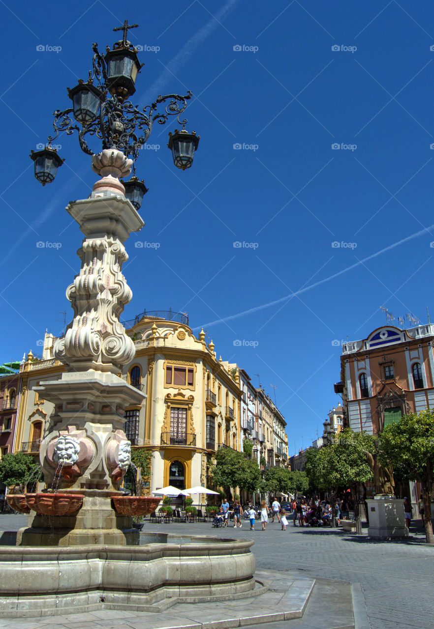 View of buildings in Barrio de Santa Cruz, Sevilla, Spain.