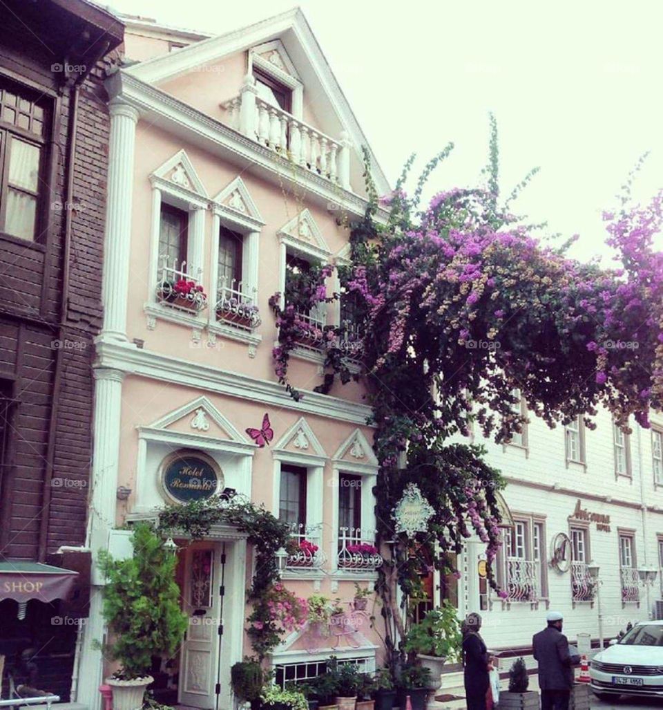 Pink, flowery hotel in Istanbul.