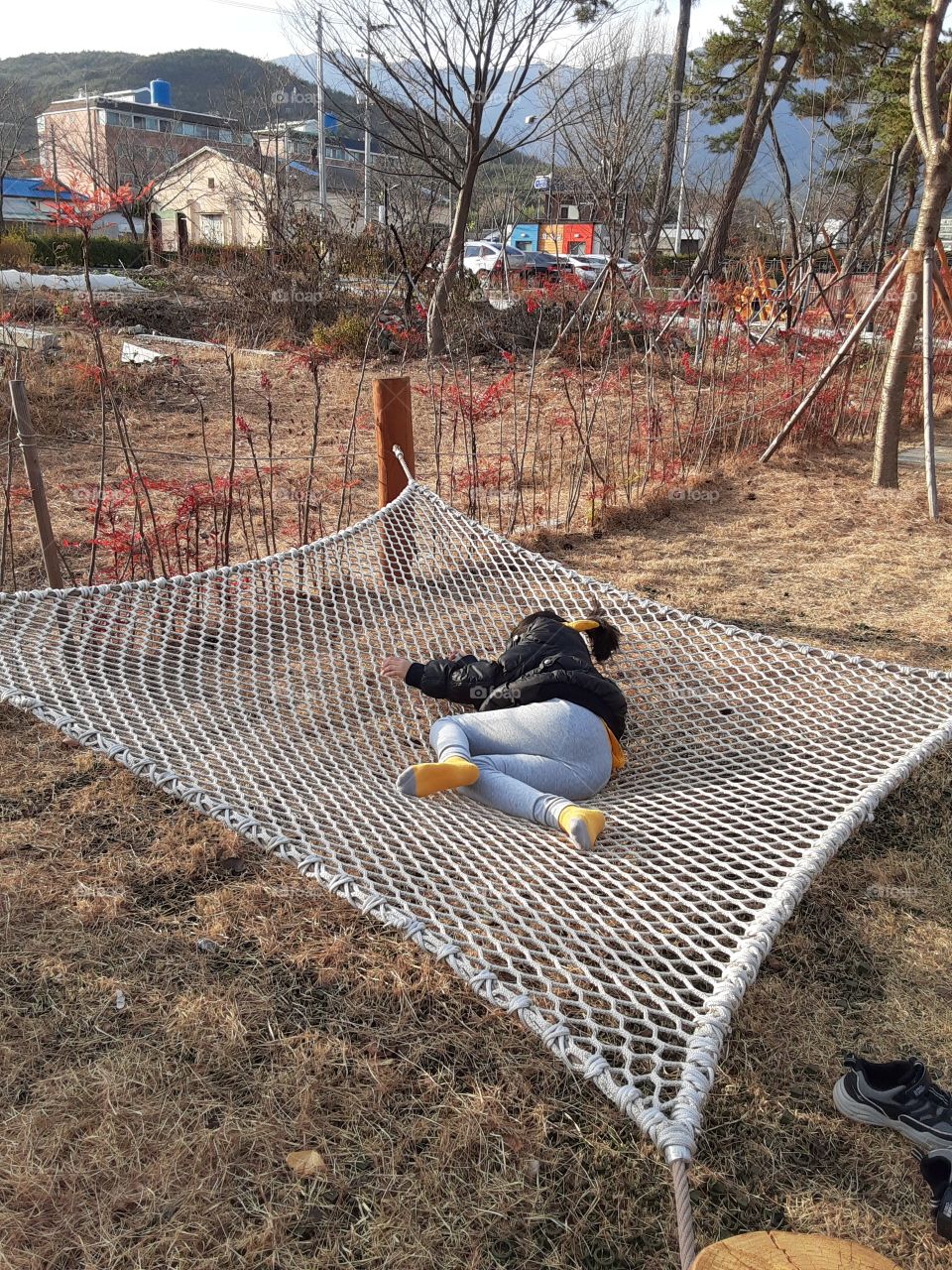 the jumping net is her bed. she just come her to lay down on it just like shes at home.