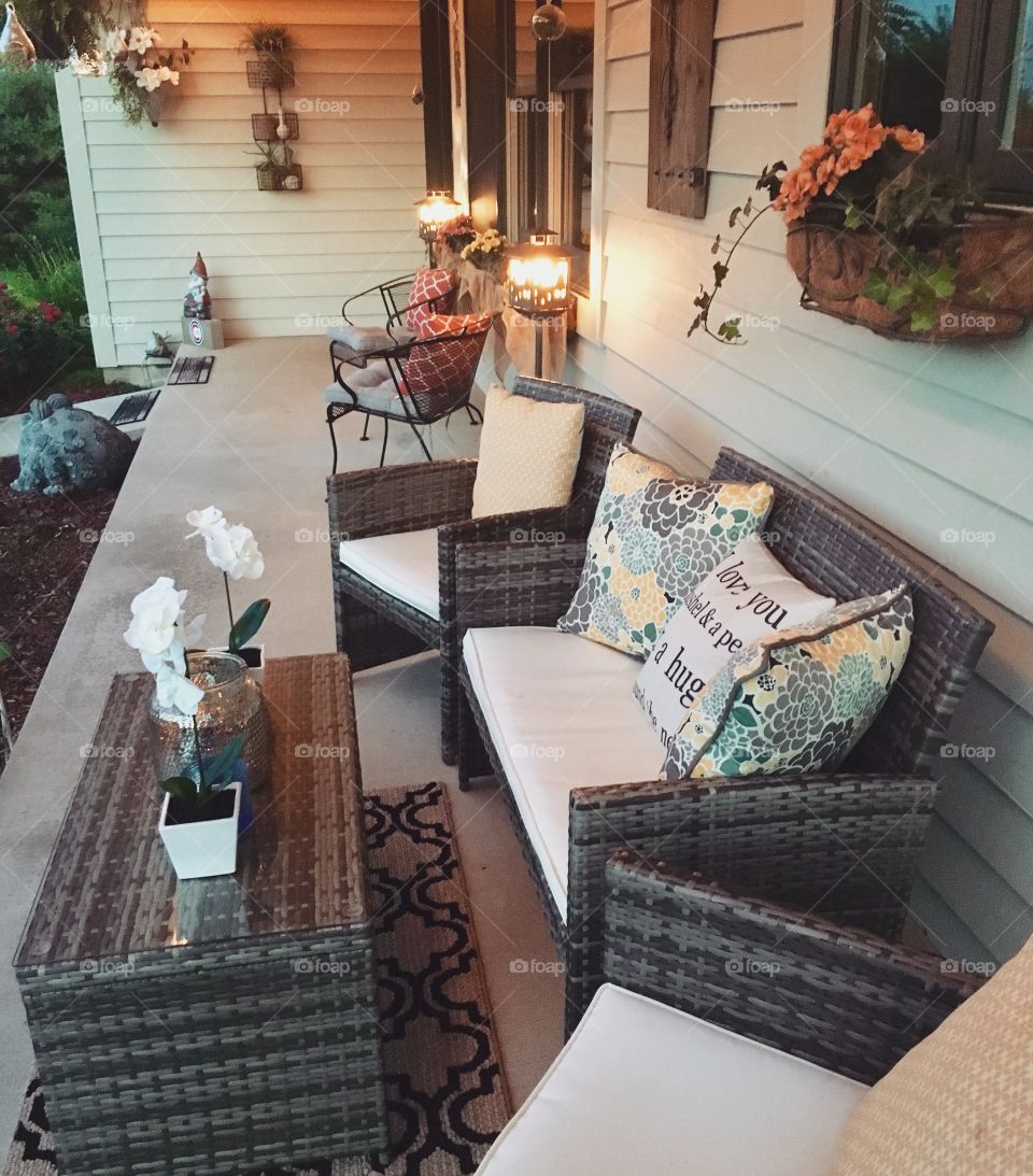 Front Porch Decor as a Quiet Evening Falls in the Midwest