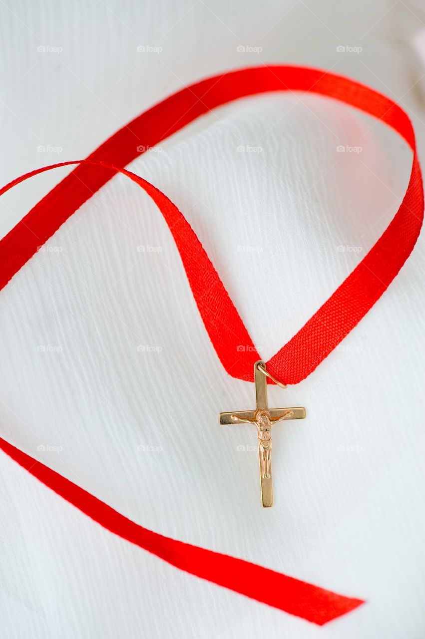 Golden cross Jesus faith religion Holy light red ribbon wedding gospel   love truth christening