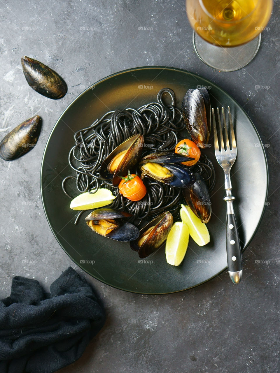 Seafood with black pasta