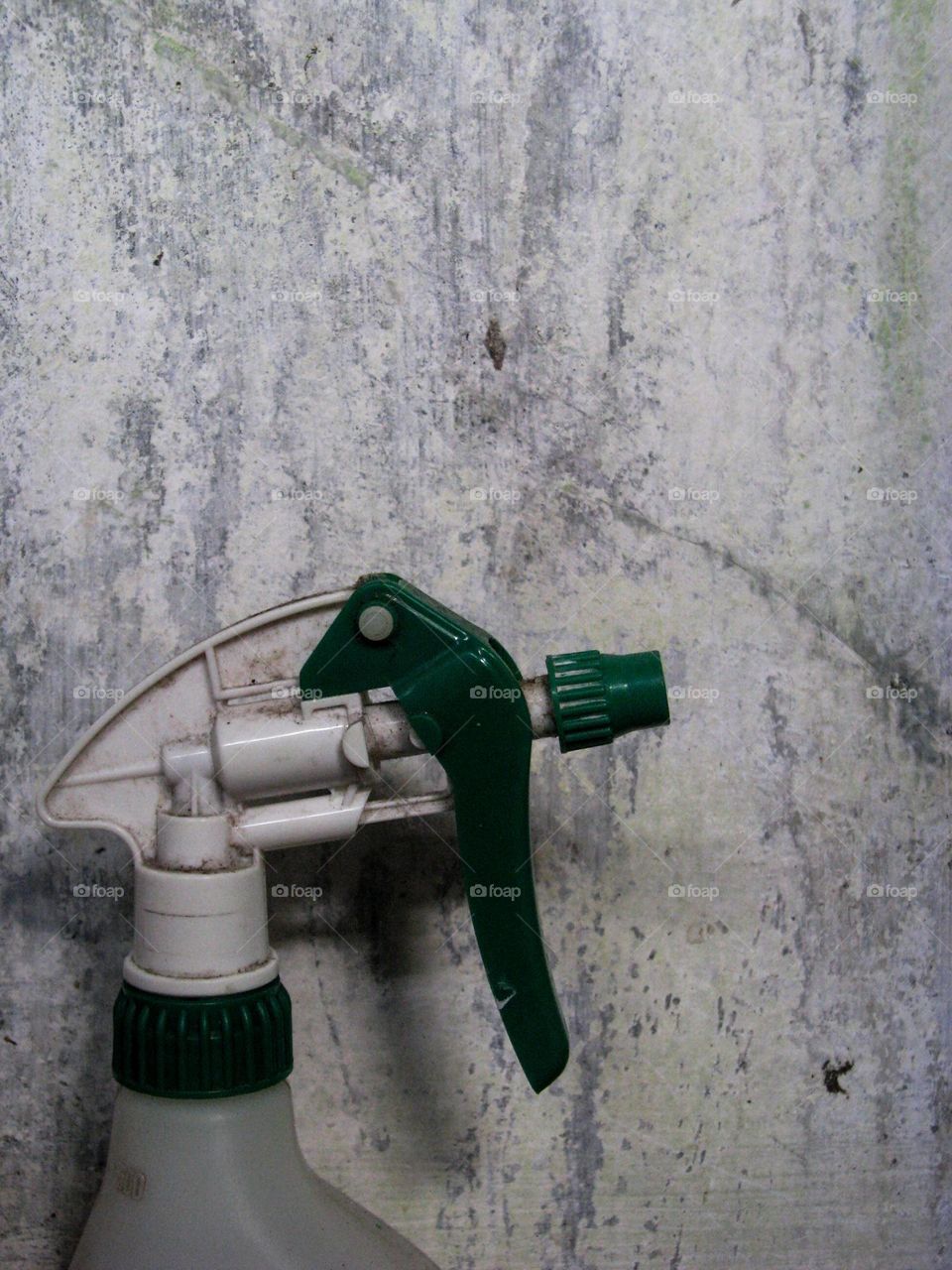 a spray bottle with a green and white spray head placed in front of a mossy wall