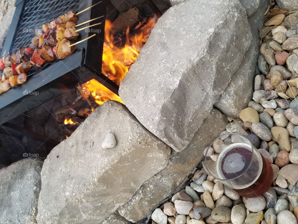 Beer and kabobs at the fire pit