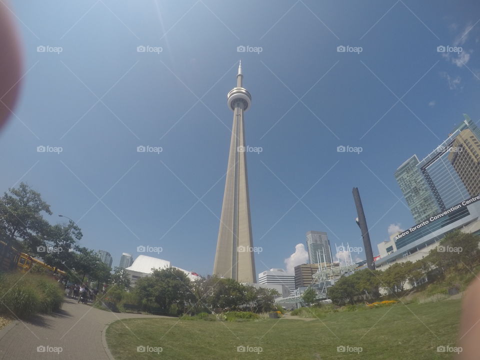 A wide angle picture of the CN tower in Toronto,Ontario, Canada from bottom to top.