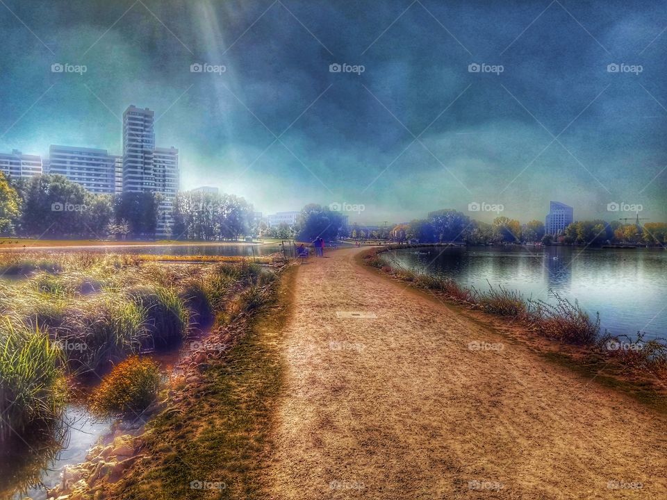 Walking a long way over a beautiful lake